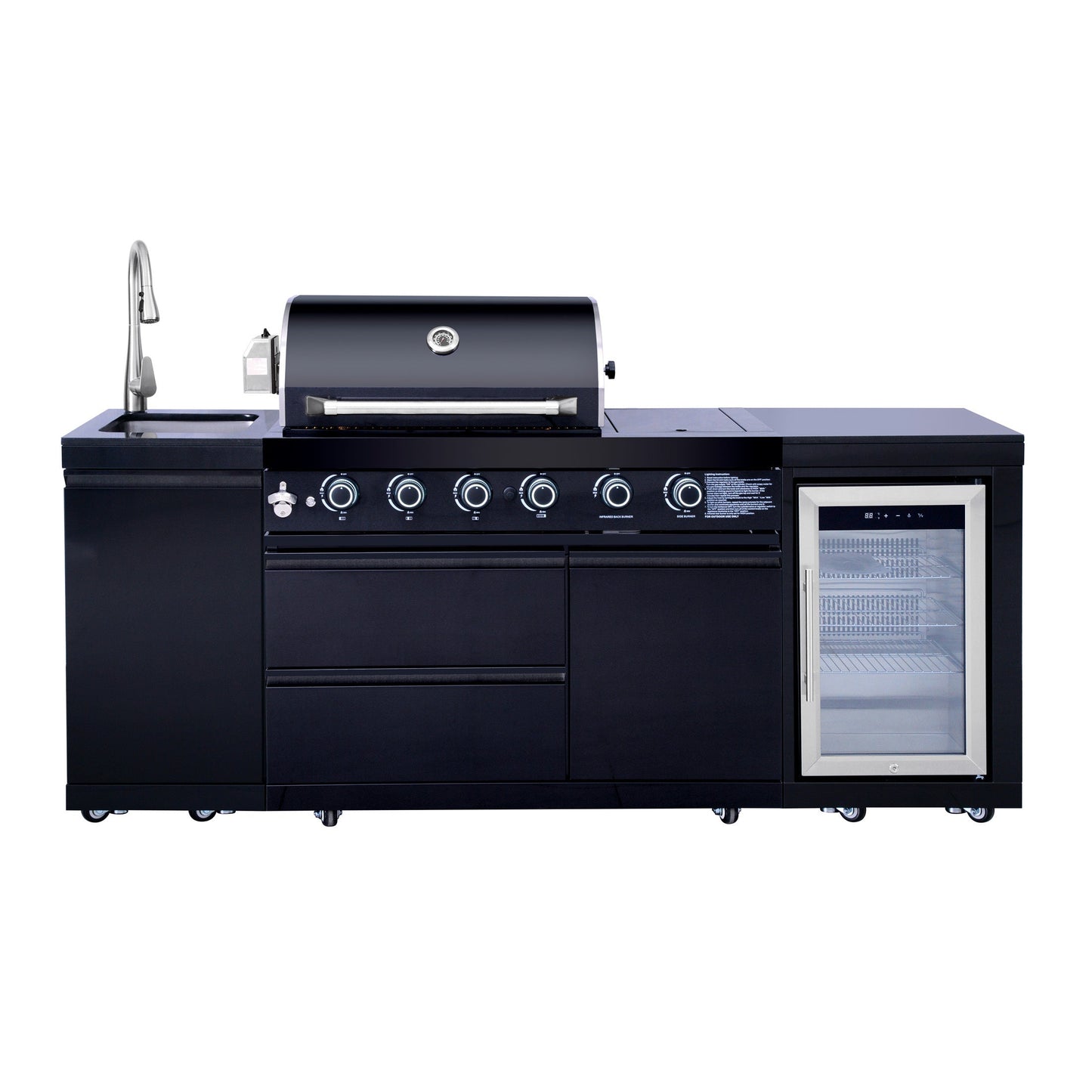 85.2" 4+1 Burner 71,500 BTU Black Outdoor Kitchen Island Grill+ Sink + Refrigerator