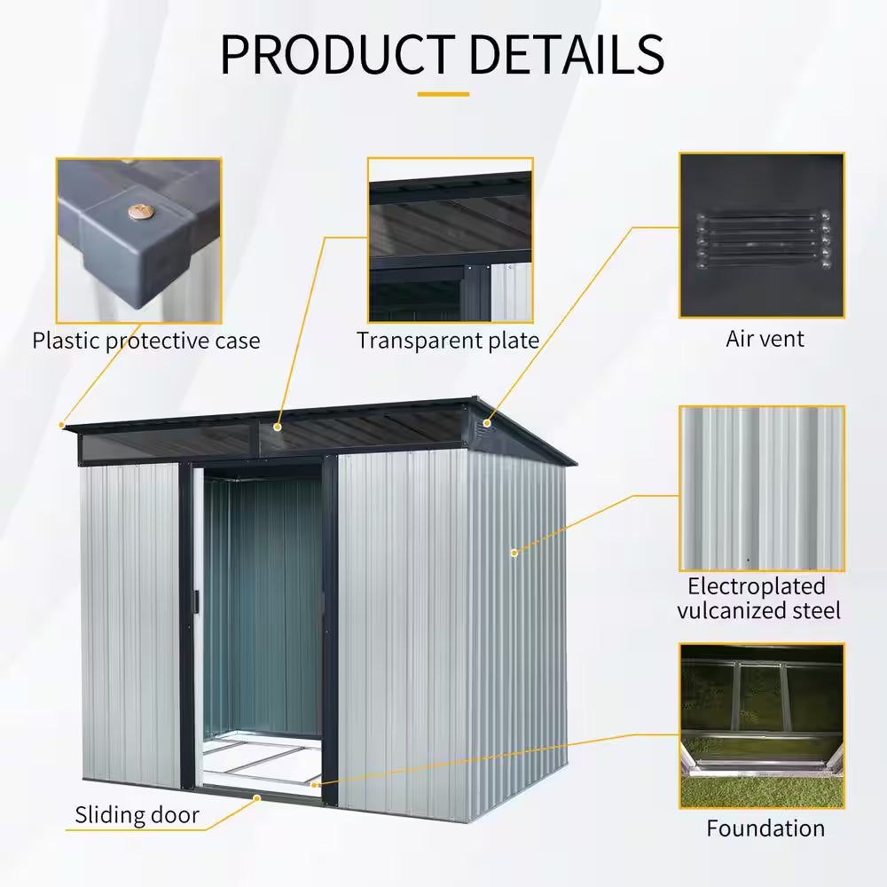 8 Ft. W X 6 Ft. D Metal Shed with Lockable Sliding Doors and Transparent Plate (48 Sq. Ft.)