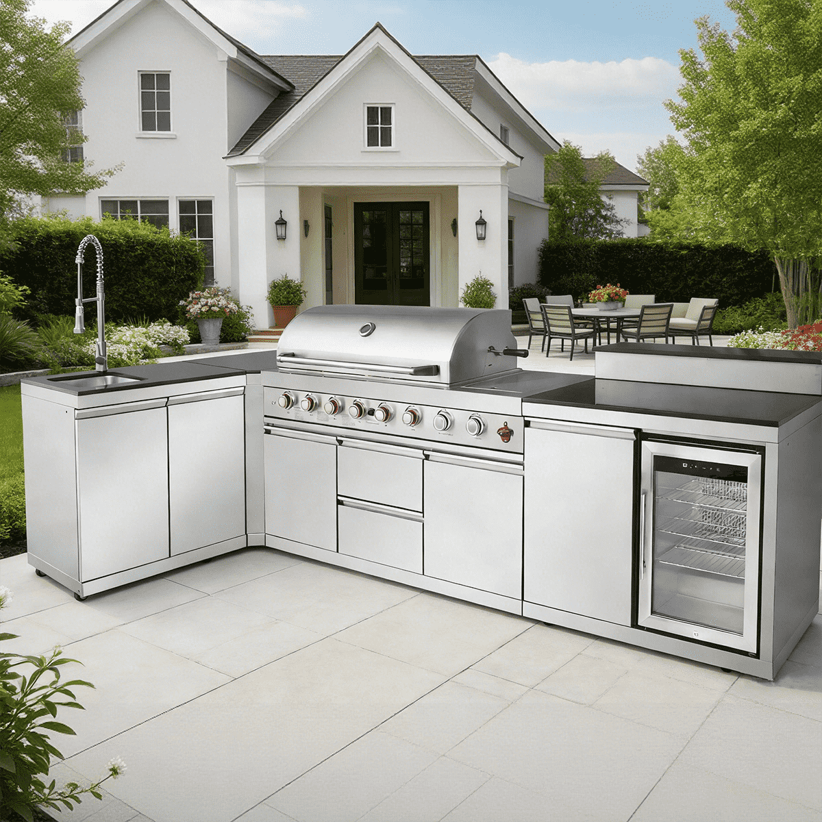 95.8"  6+1 Burner 95,500 BTU Outdoor Kitchen Island Grill Silver + Sink + Refrigerator + Bar Table