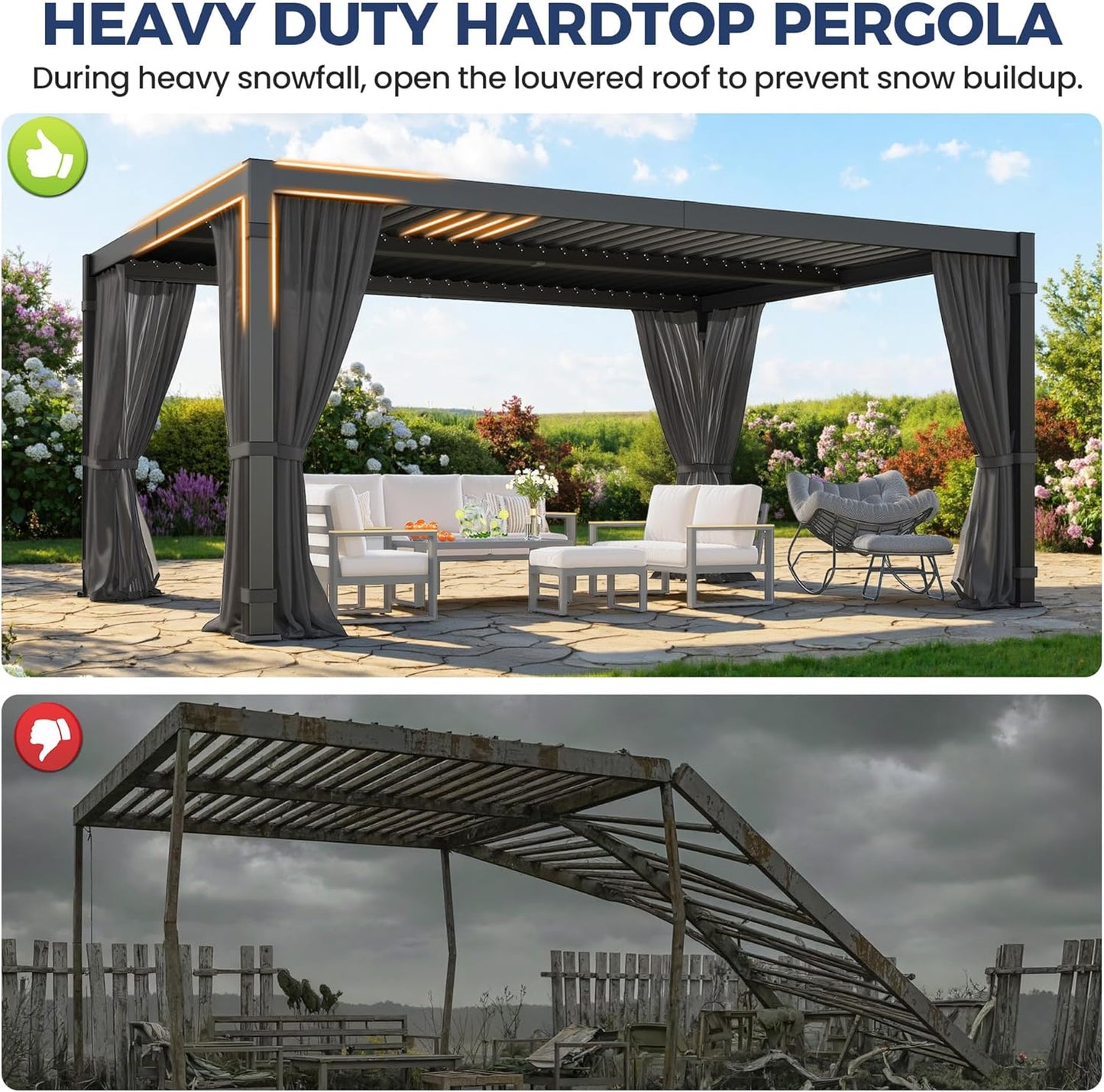 12' X 16' Louvered Pergola, Outdoor Pergola with Metal Adjustable Louvered Roof & Gutter System, Hardtop Patio Gazebo for Backyard, Patio, Garden, Dark Gray