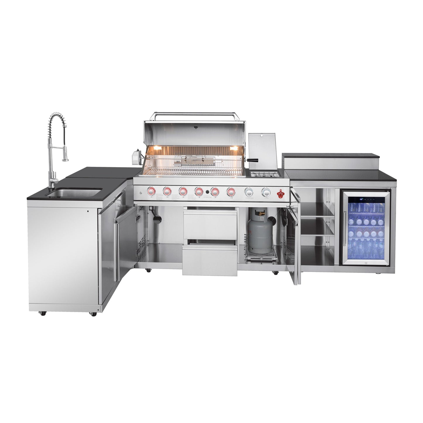95.8"  6+1 Burner 95,500 BTU Outdoor Kitchen Island Grill Silver + Sink + Refrigerator + Bar Table
