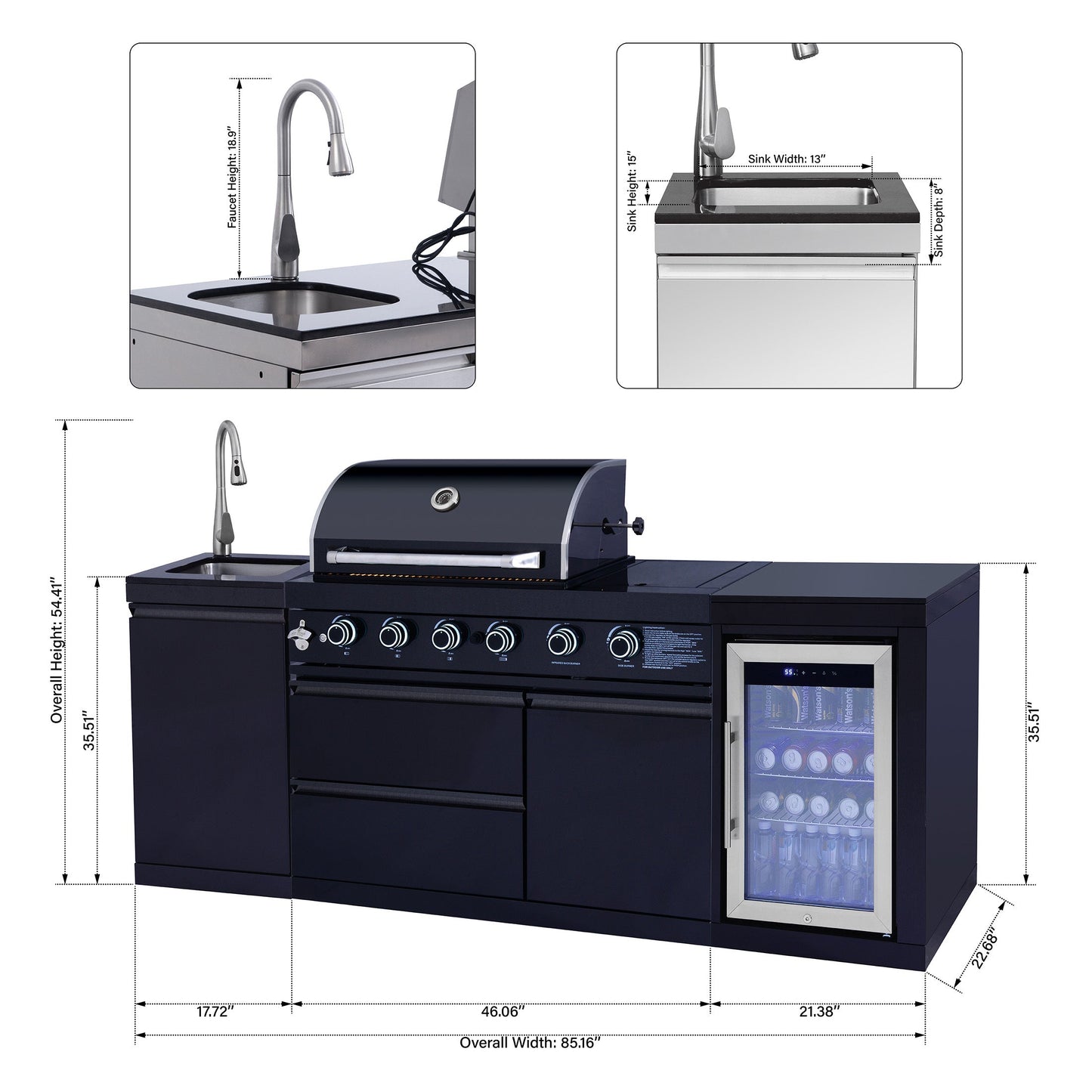 85.2" 4+1 Burner 71,500 BTU Black Outdoor Kitchen Island Grill+ Sink + Refrigerator