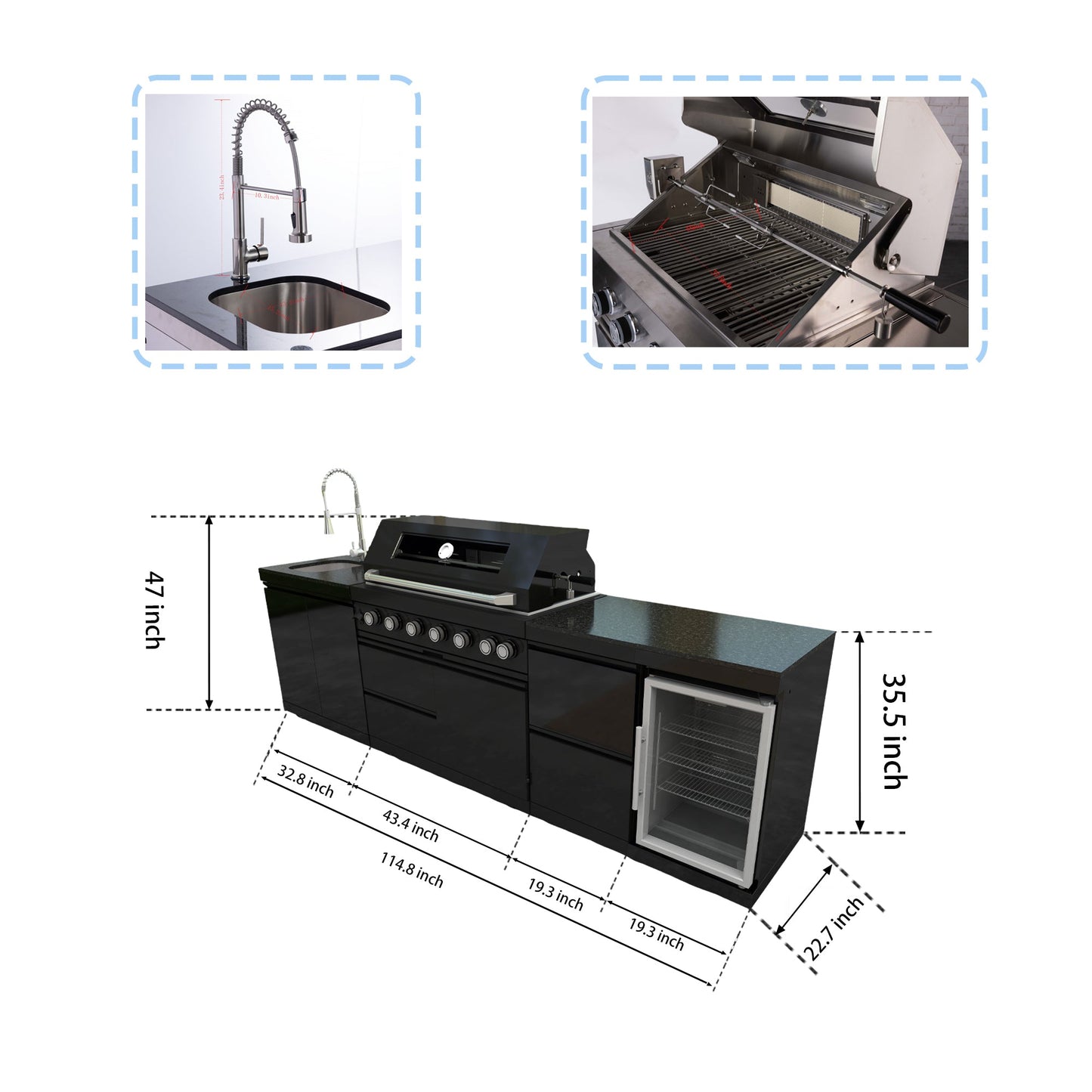 115" 6-Burner 85,000 Black Outdoor Kitchen Island Grill Rotisserie kit