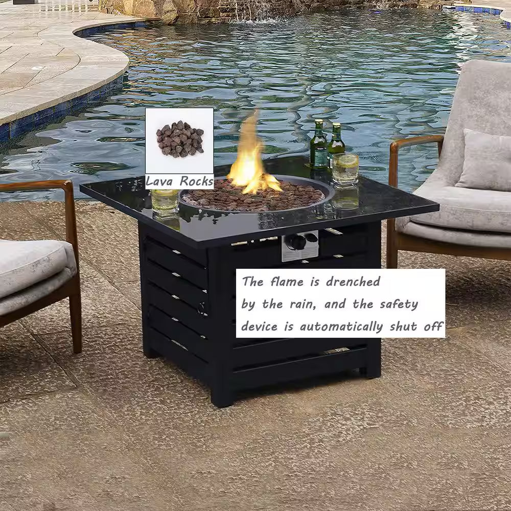 Fire Pit Table, 24.5 In. Square 50,000 BTU Auto-Ignition Propane Gas Fire Pit with Waterproof Cover (Black)
