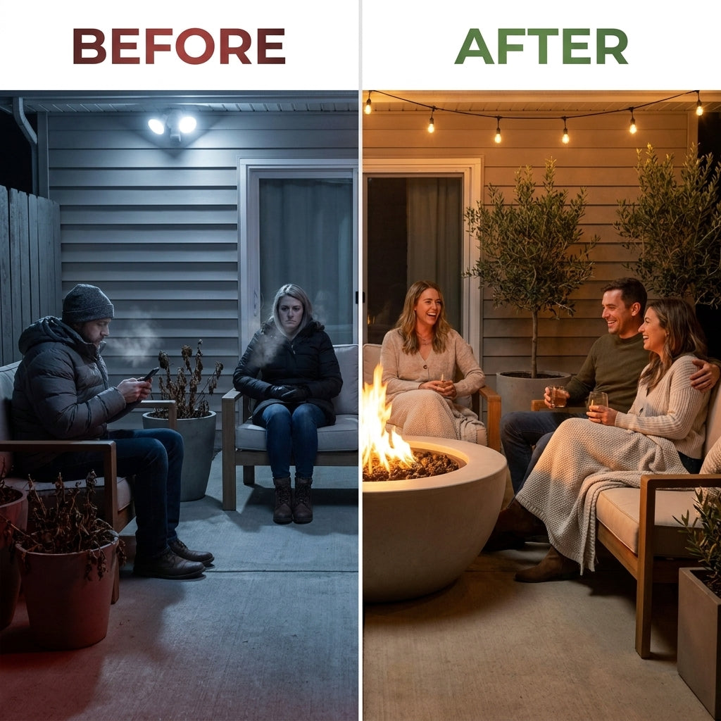 Concrete Fire Pit Table Built for Year-Round Entertaining, Propane Burner, Fog Finish, Vinyl Cover — Before & After
