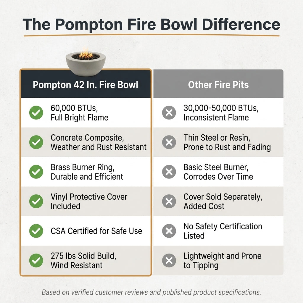 Concrete Fire Pit Table Built for Year-Round Entertaining, Propane Burner, Fog Finish, Vinyl Cover — Comparison