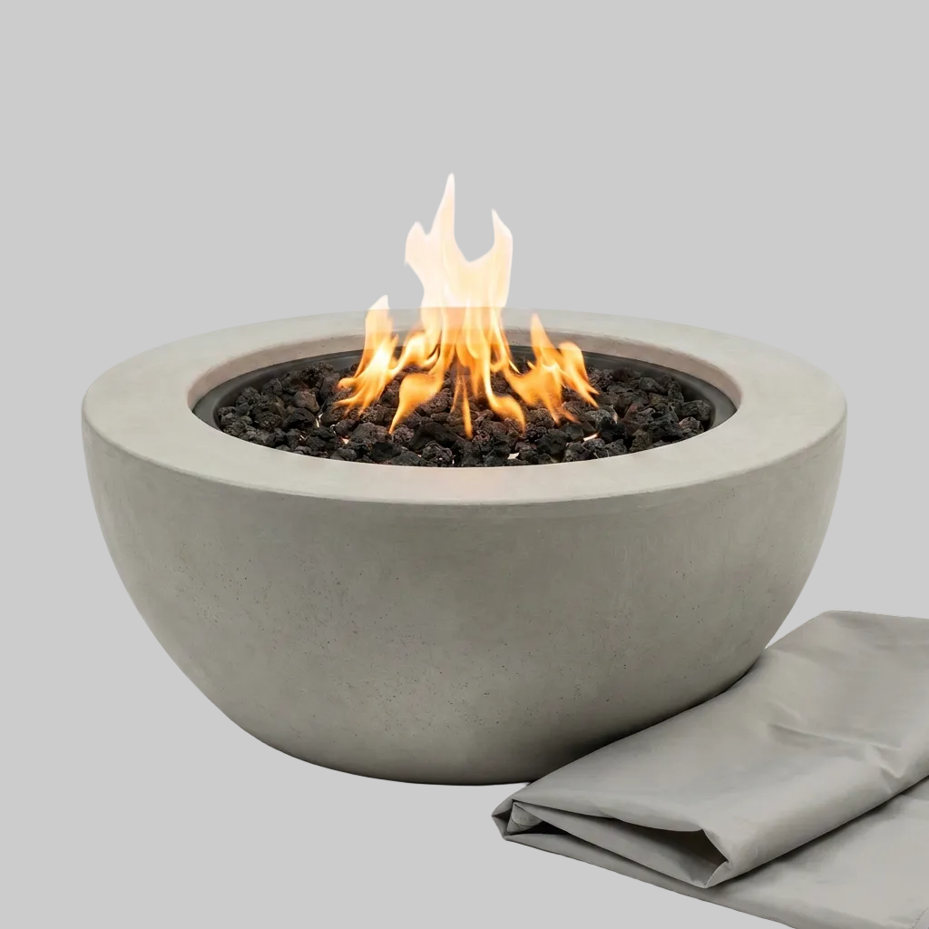 Concrete Fire Pit Table Built for Year-Round Entertaining, Propane Burner, Fog Finish, Vinyl Cover — Studio Shot