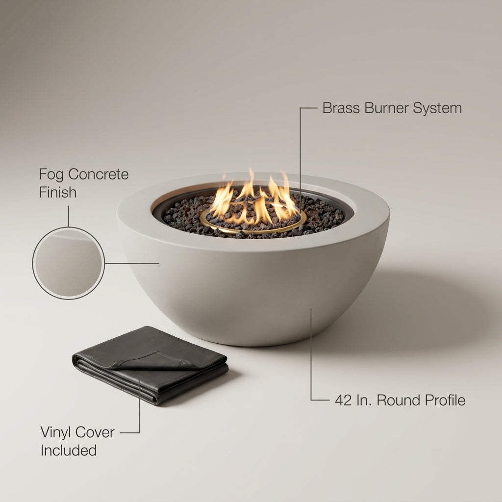 Concrete Fire Pit Table Built for Year-Round Entertaining, Propane Burner, Fog Finish, Vinyl Cover — infographic
