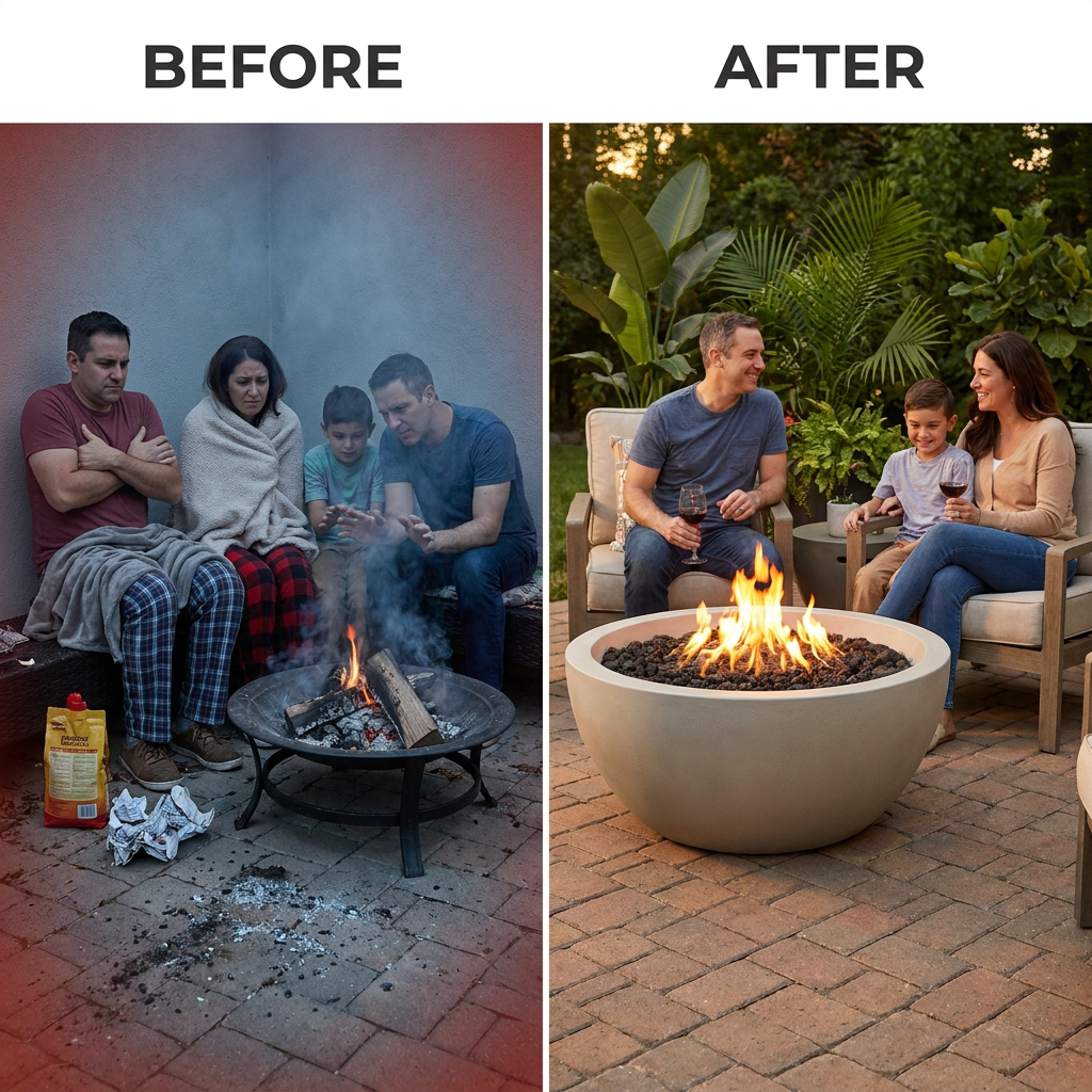 Pompton 38 In. round Concrete Composite Propane Fire Pit in Fog with Vinyl Cover — Before & After