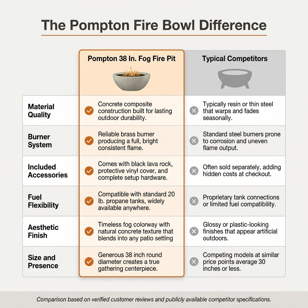 Pompton 38 In. round Concrete Composite Propane Fire Pit in Fog with Vinyl Cover — Comparison