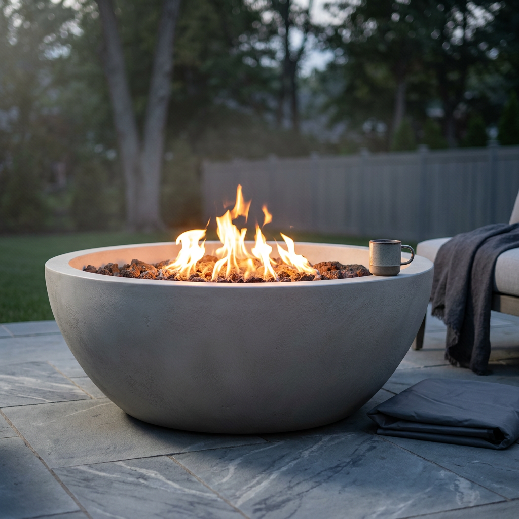 Pompton 38 In. round Concrete Composite Propane Fire Pit in Fog with Vinyl Cover — Studio Shot
