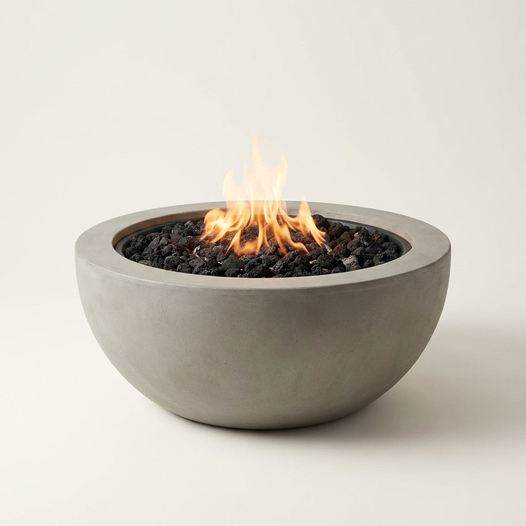 Pompton 38 In. round Concrete Composite Propane Fire Pit in Fog with Vinyl Cover — Studio Shot