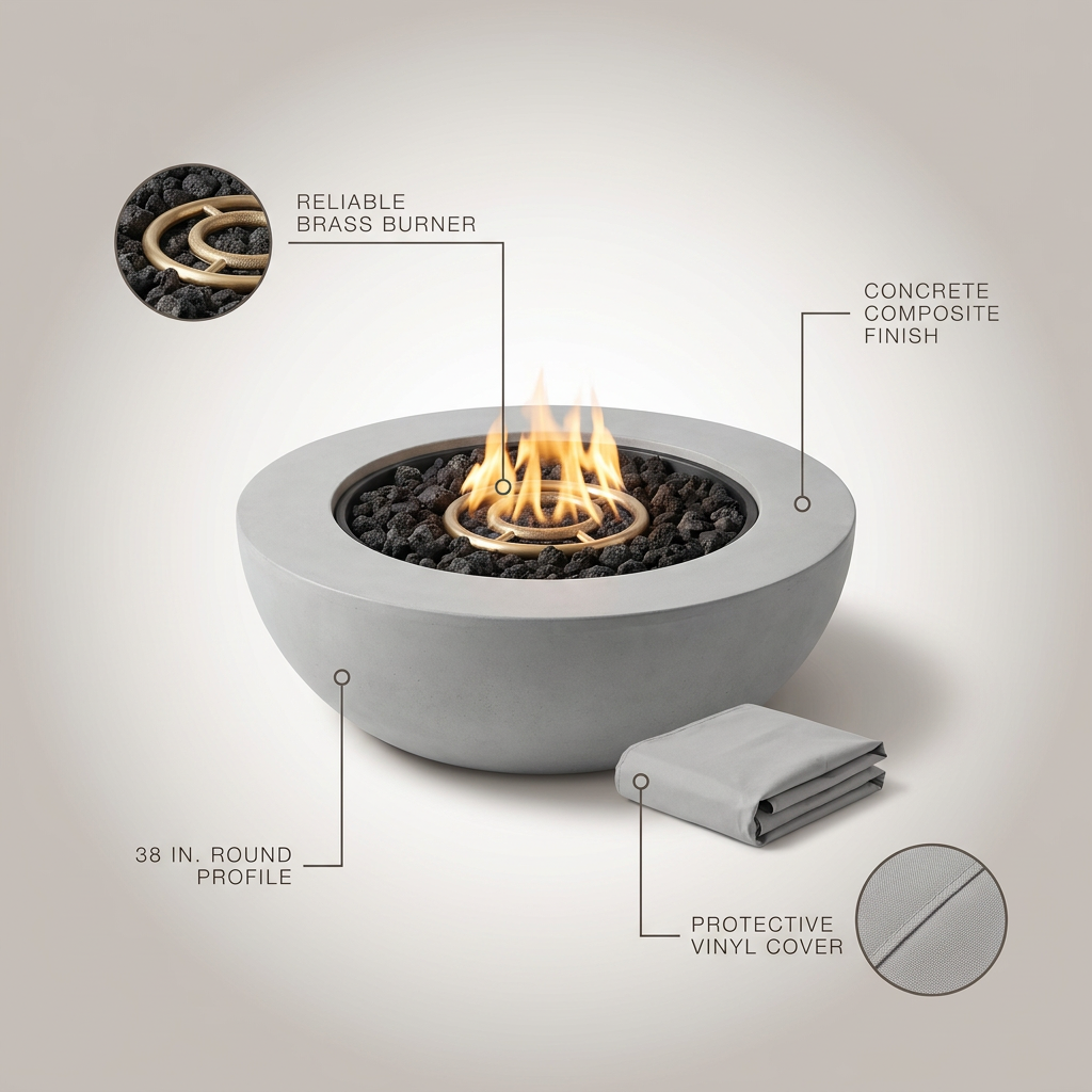 Pompton 38 In. round Concrete Composite Propane Fire Pit in Fog with Vinyl Cover — infographic