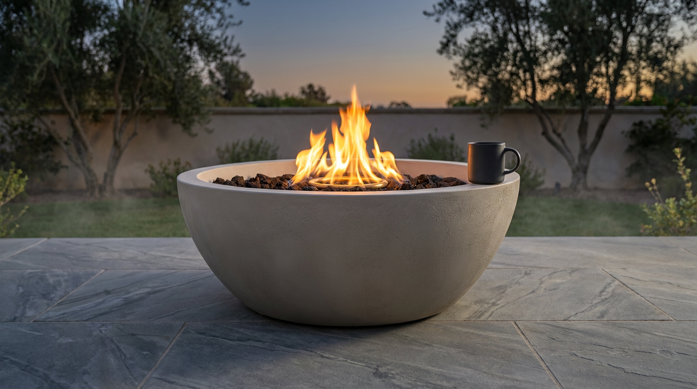 Pompton 38 In. round Concrete Composite Propane Fire Pit in Fog with Vinyl Cover — Lifestyle