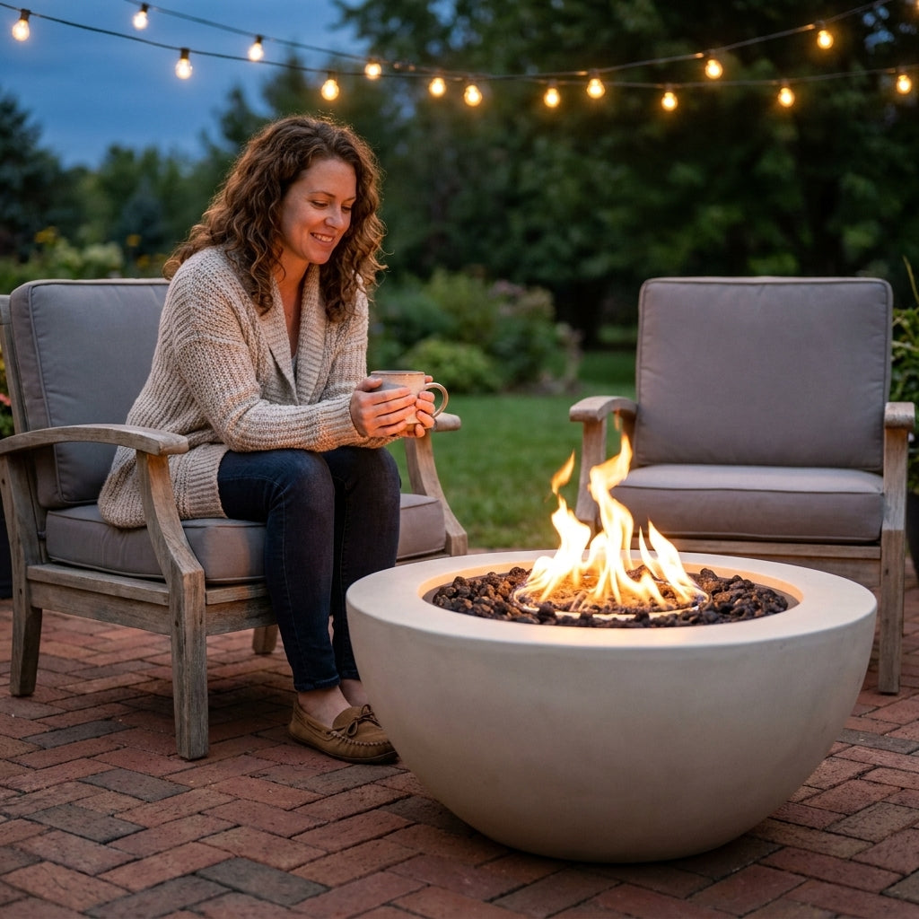 Pompton 38 In. round Concrete Composite Propane Fire Pit in Fog with Vinyl Cover — Lifestyle