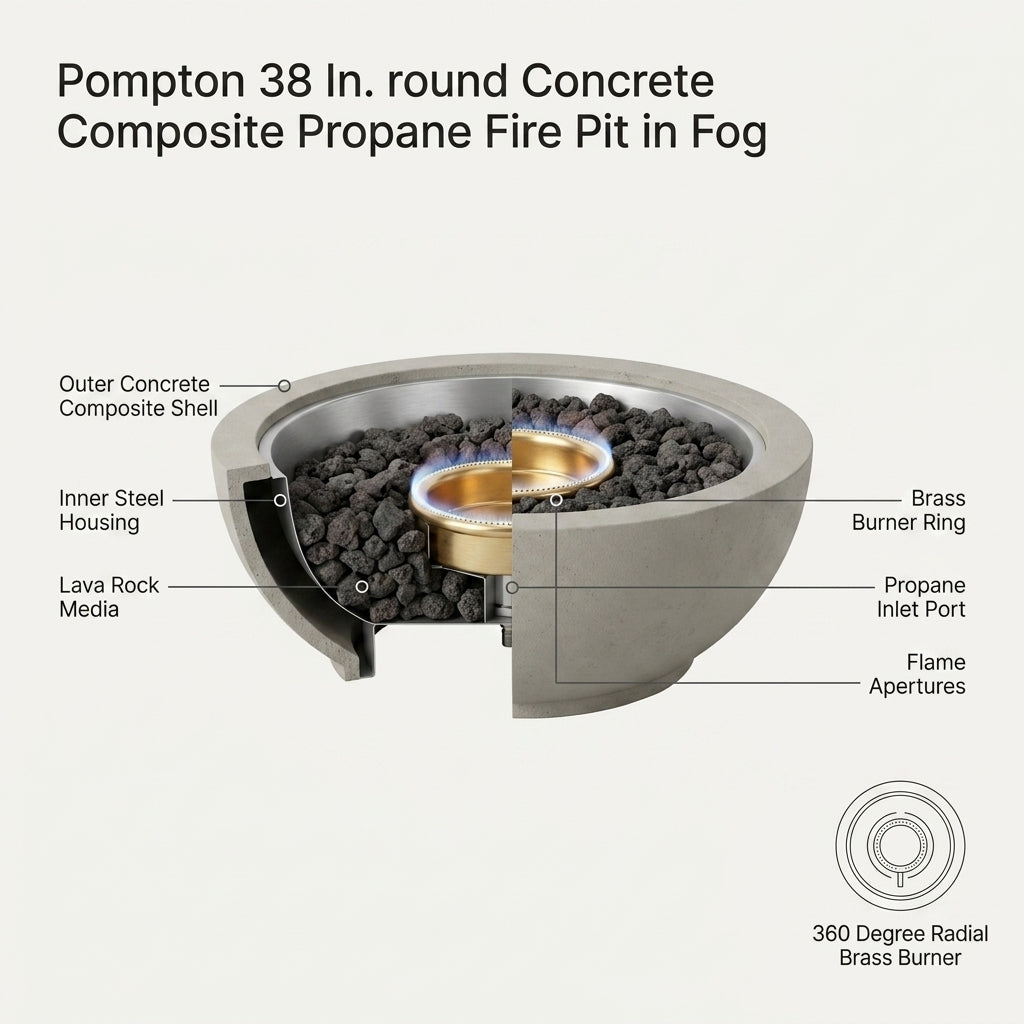 Pompton 38 In. round Concrete Composite Propane Fire Pit in Fog with Vinyl Cover — How It Works