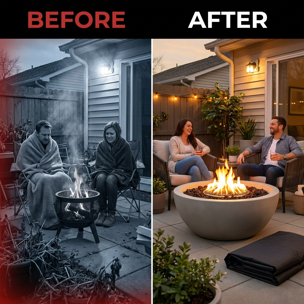 Pompton 42 In. round Concrete Composite Propane Fire Pit in Fog with Vinyl Cover — Before & After