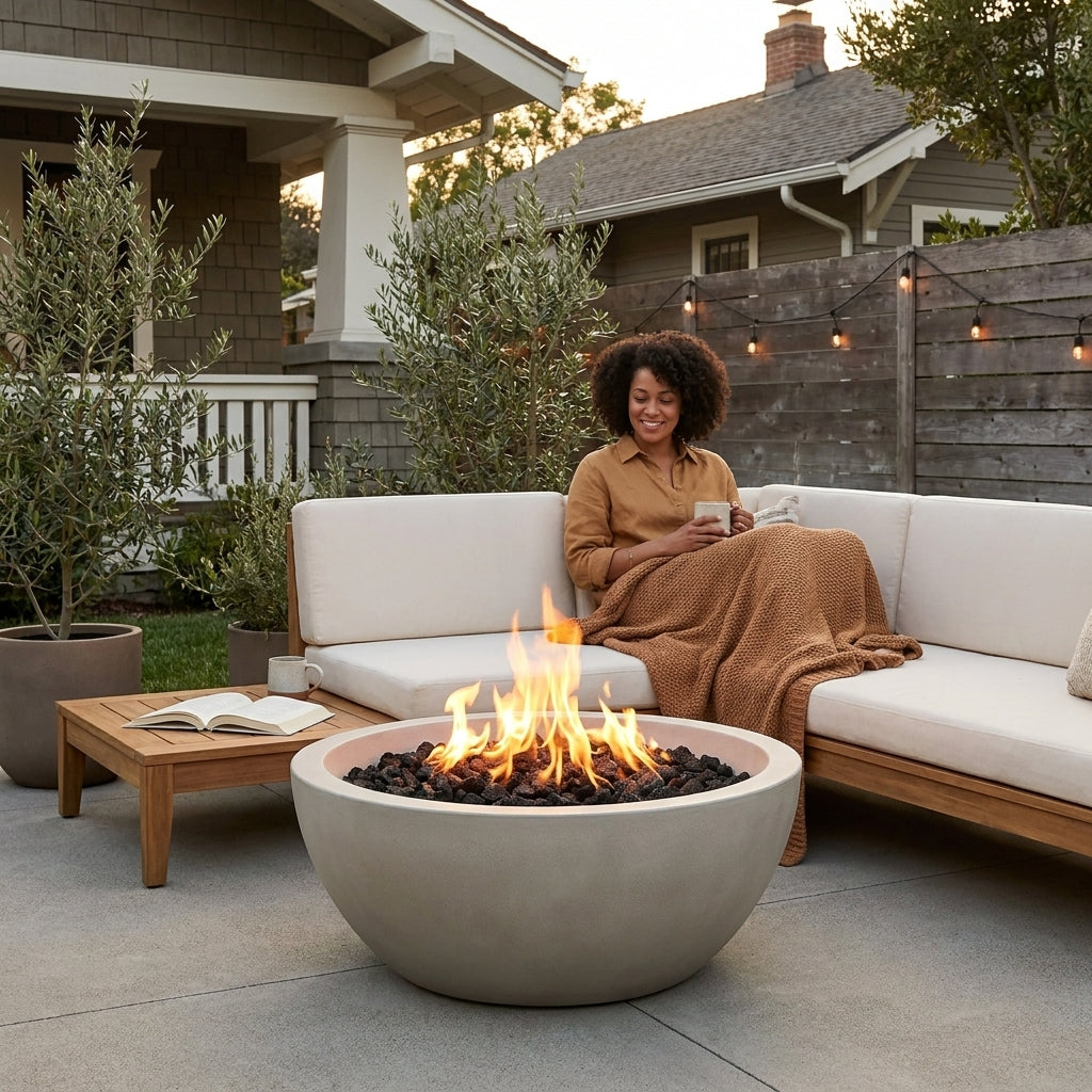 Pompton 42 In. round Concrete Composite Propane Fire Pit in Fog with Vinyl Cover — Lifestyle