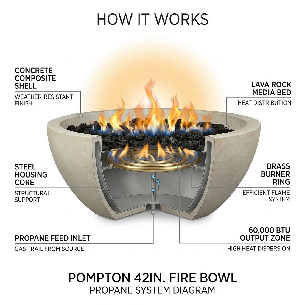 Pompton 42 In. round Concrete Composite Propane Fire Pit in Fog with Vinyl Cover — How It Works