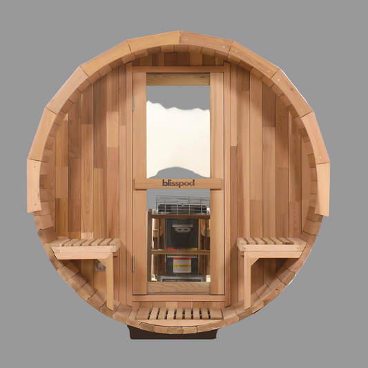 Blisspod, Prague, Canadian Red Cedar Outdoor Steam Barell Sauna, 2-4 / 4-6 persons with Full Glass Back & 2 front Porch seats