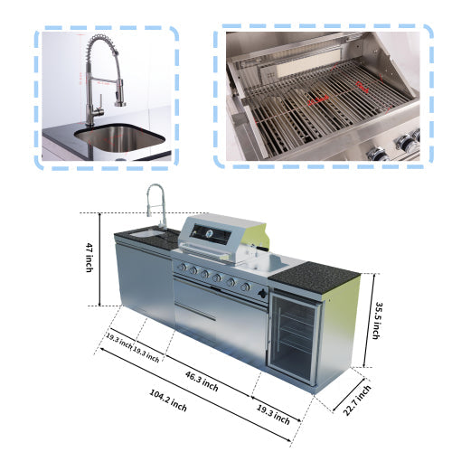 101" 6-Burner 85,000 BTU Outdoor Kitchen Island Grill with Storage Cabinets & Drawers