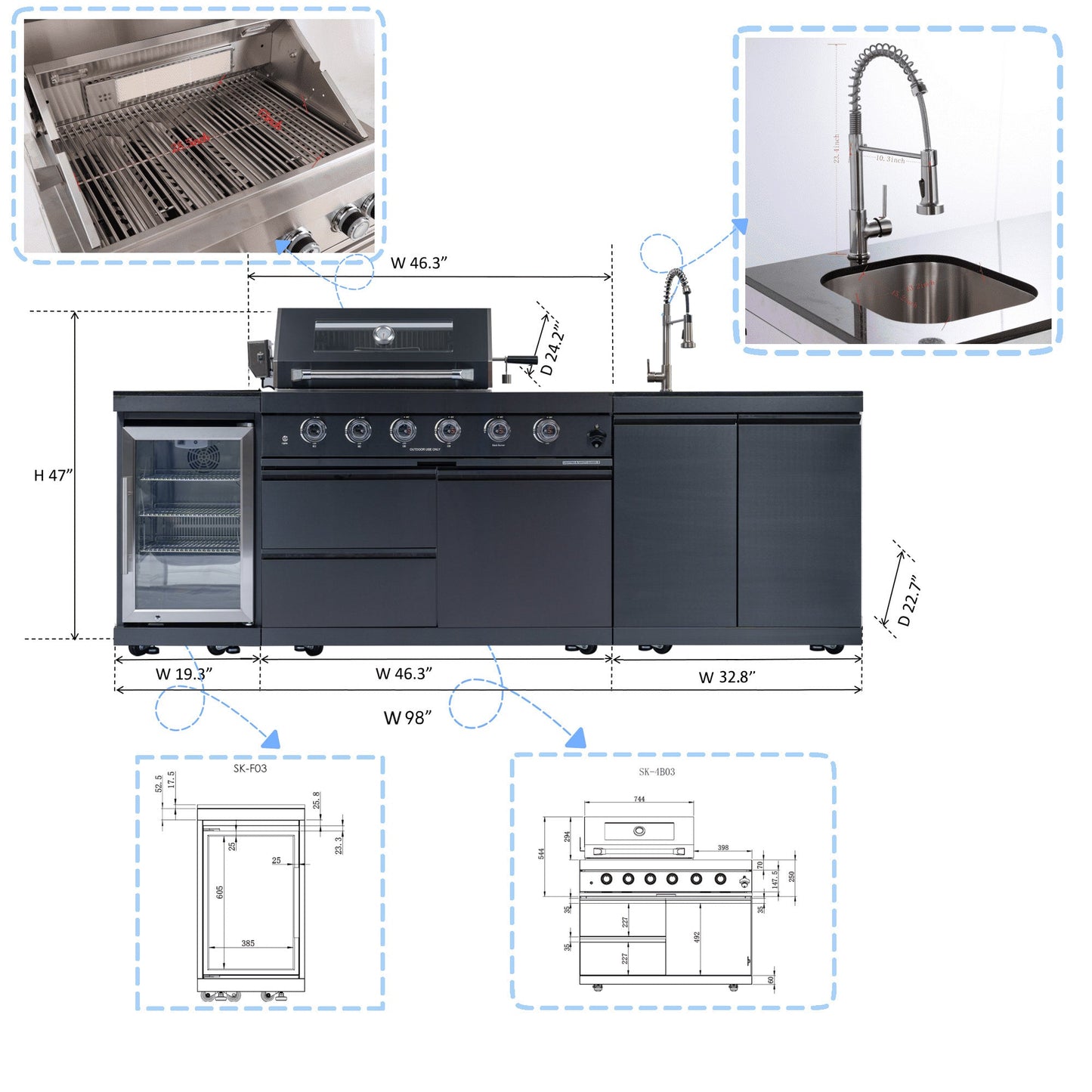 NG 104" 4-Burner 72,000 BTU Black Outdoor Kitchen Island Grill Rotisserie
