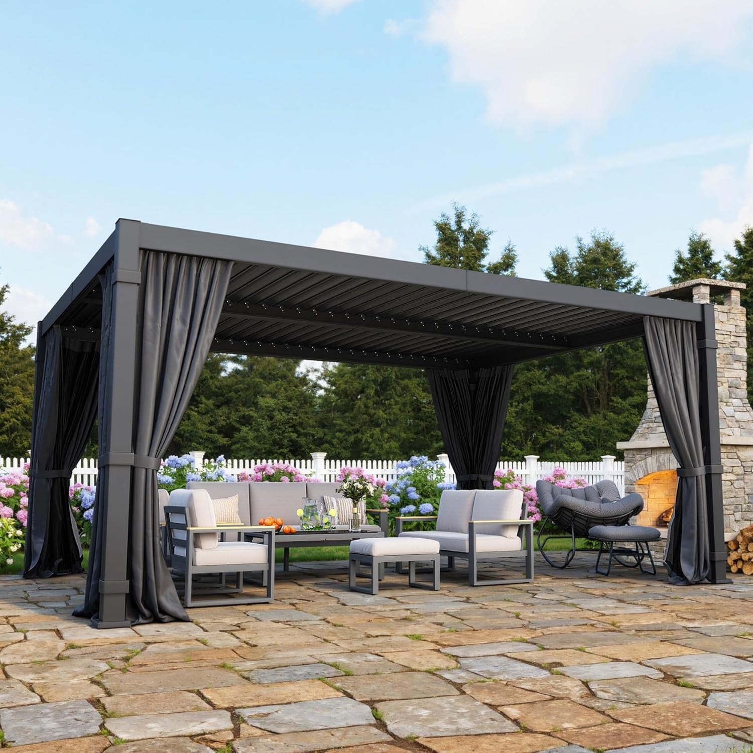 12' X 16' Louvered Pergola, Outdoor Pergola with Metal Adjustable Louvered Roof & Gutter System, Hardtop Patio Gazebo for Backyard, Patio, Garden, Dark Gray