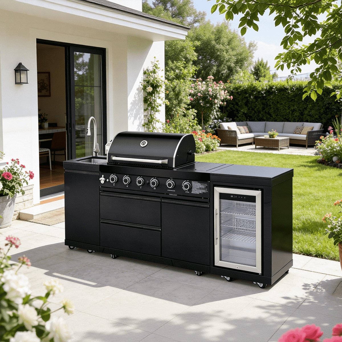 85.2" 4+1 Burner 71,500 BTU Black Outdoor Kitchen Island Grill+ Sink + Refrigerator