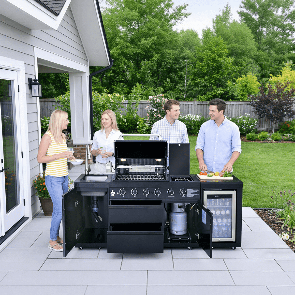 85.2" 4+1 Burner 71,500 BTU Black Outdoor Kitchen Island Grill+ Sink + Refrigerator