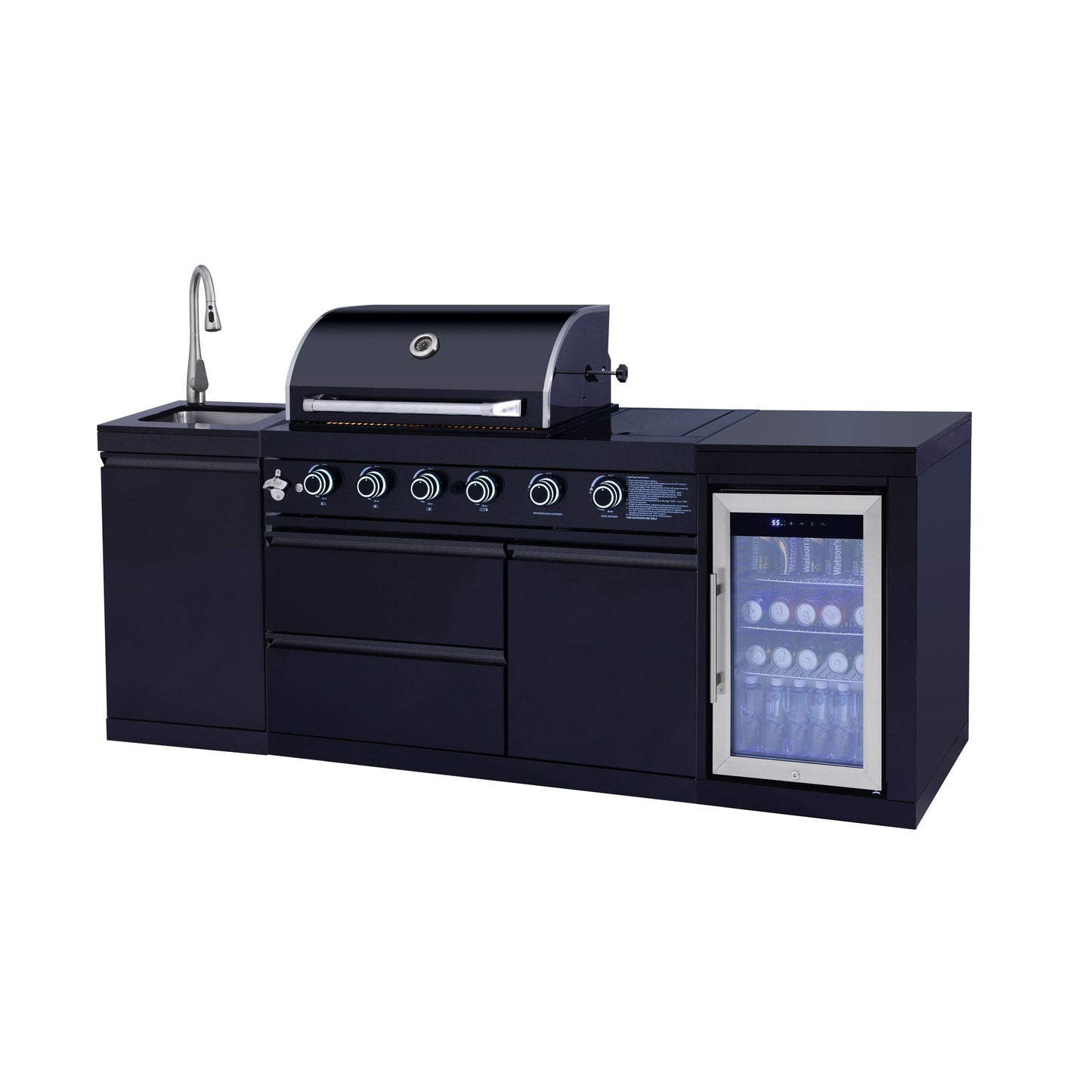 85.2" 4+1 Burner 71,500 BTU Black Outdoor Kitchen Island Grill+ Sink + Refrigerator
