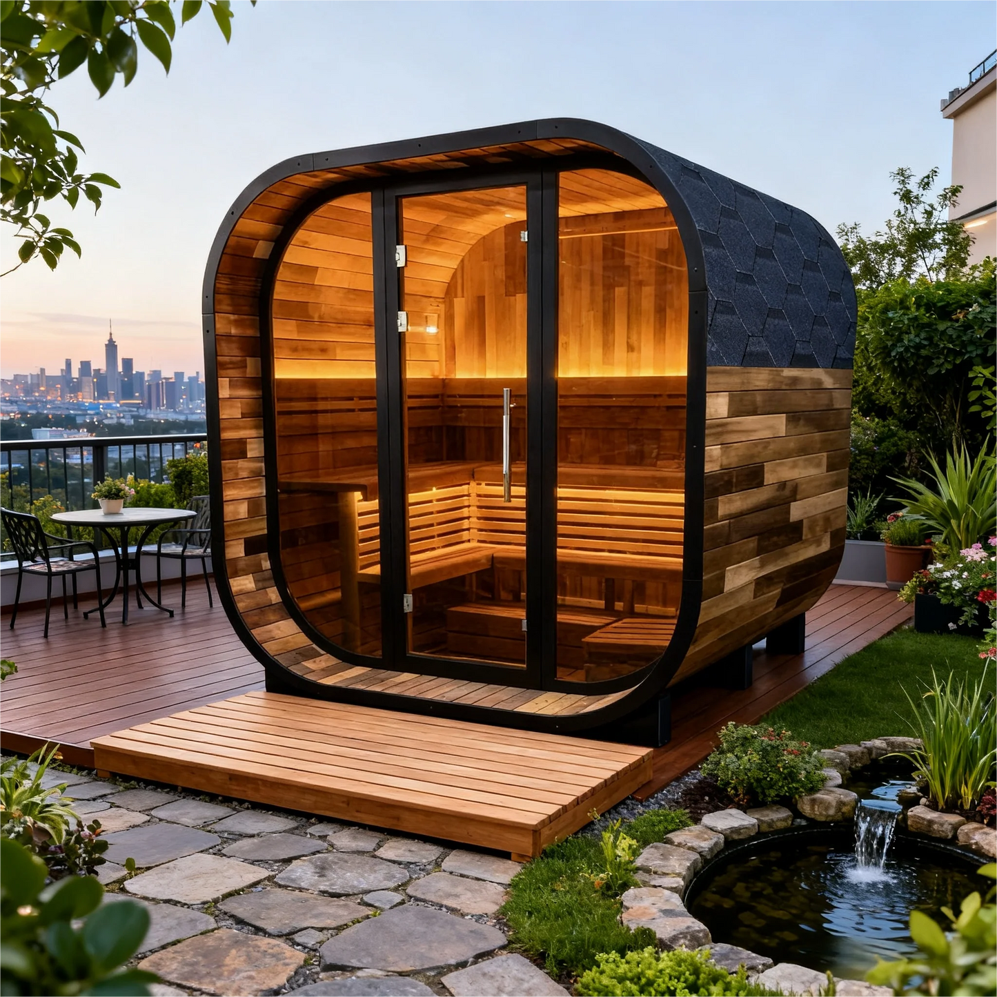 Helius Premium Patchwork Red Cedar Outdoor Sauna | 4–6 Person