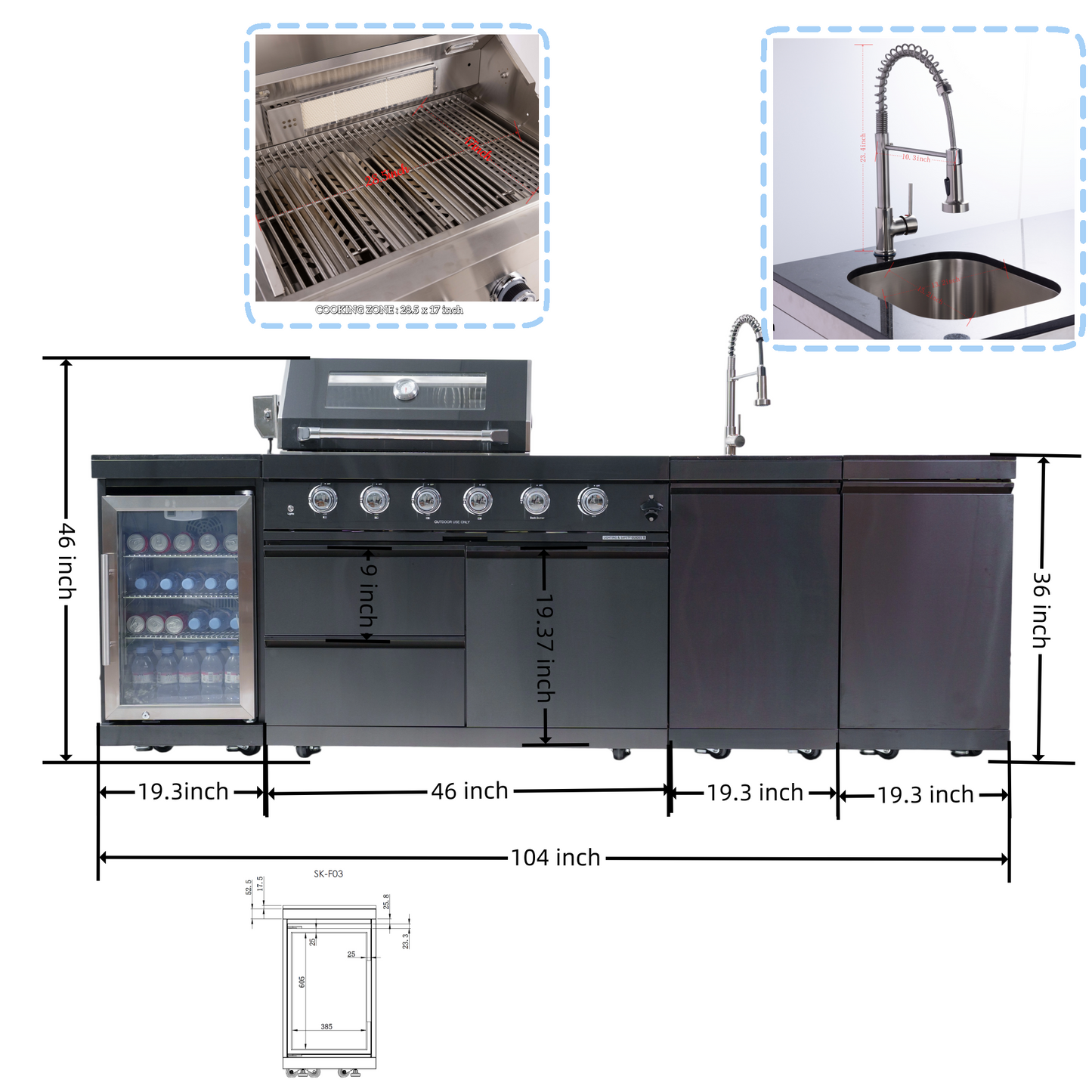 NG 104" 4-Burner 72,000 BTU Black Outdoor Kitchen Island Grill + Rotisserie Kit