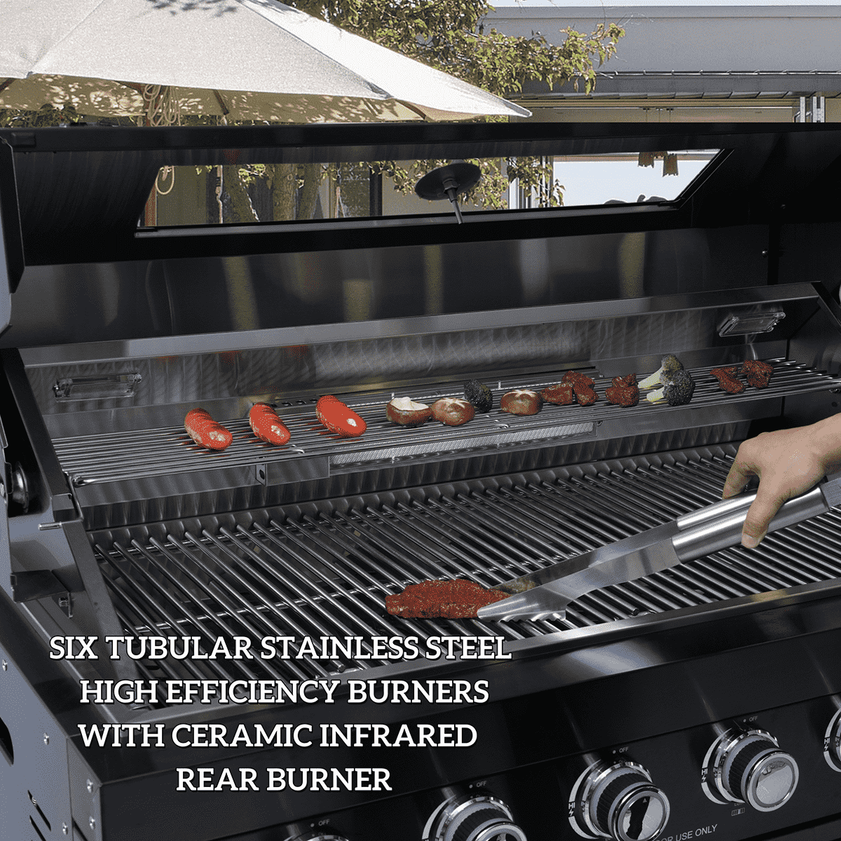 115" 6-Burner 85,000 Black Outdoor Kitchen Island Grill Rotisserie kit