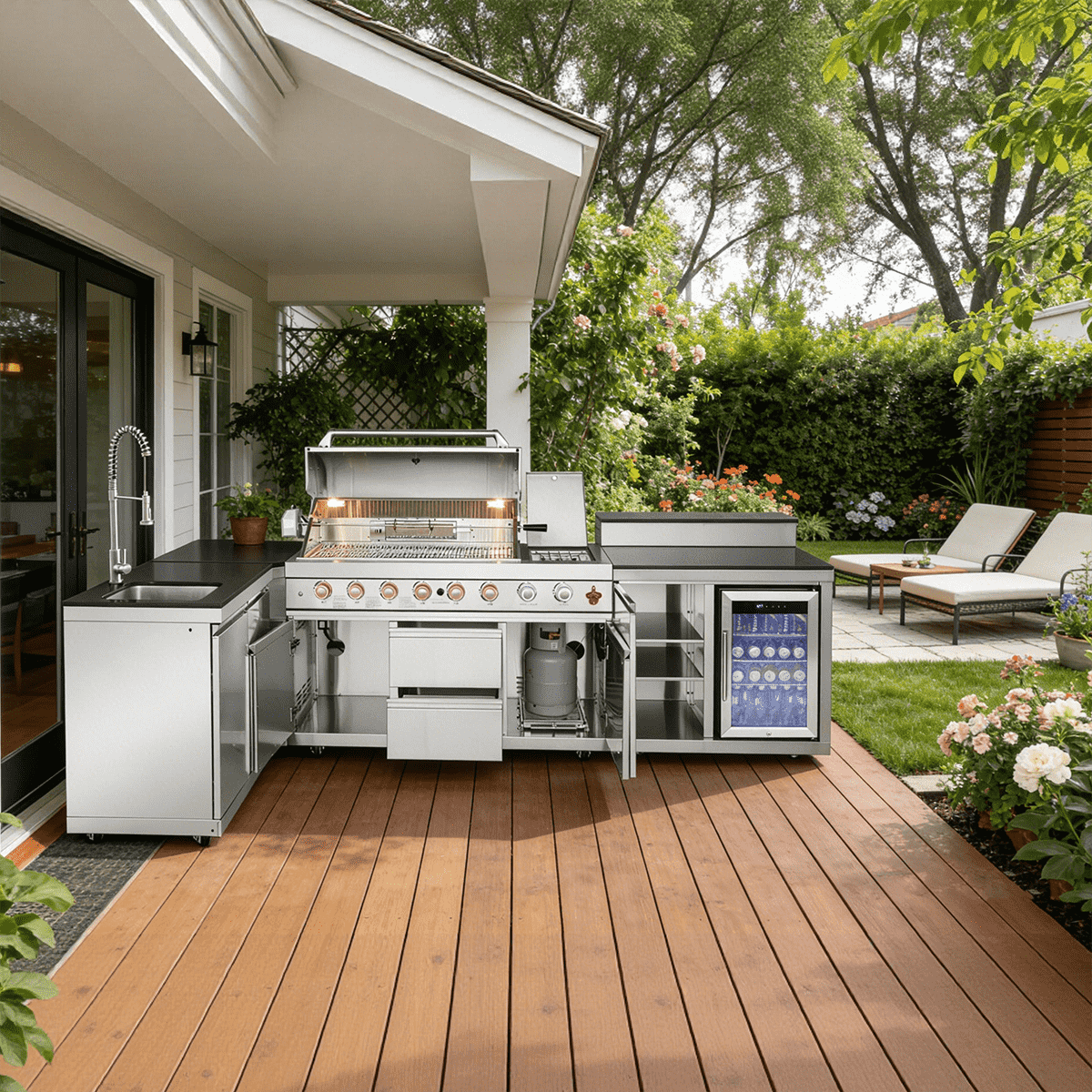 95.8"  6+1 Burner 95,500 BTU Outdoor Kitchen Island Grill Silver + Sink + Refrigerator + Bar Table