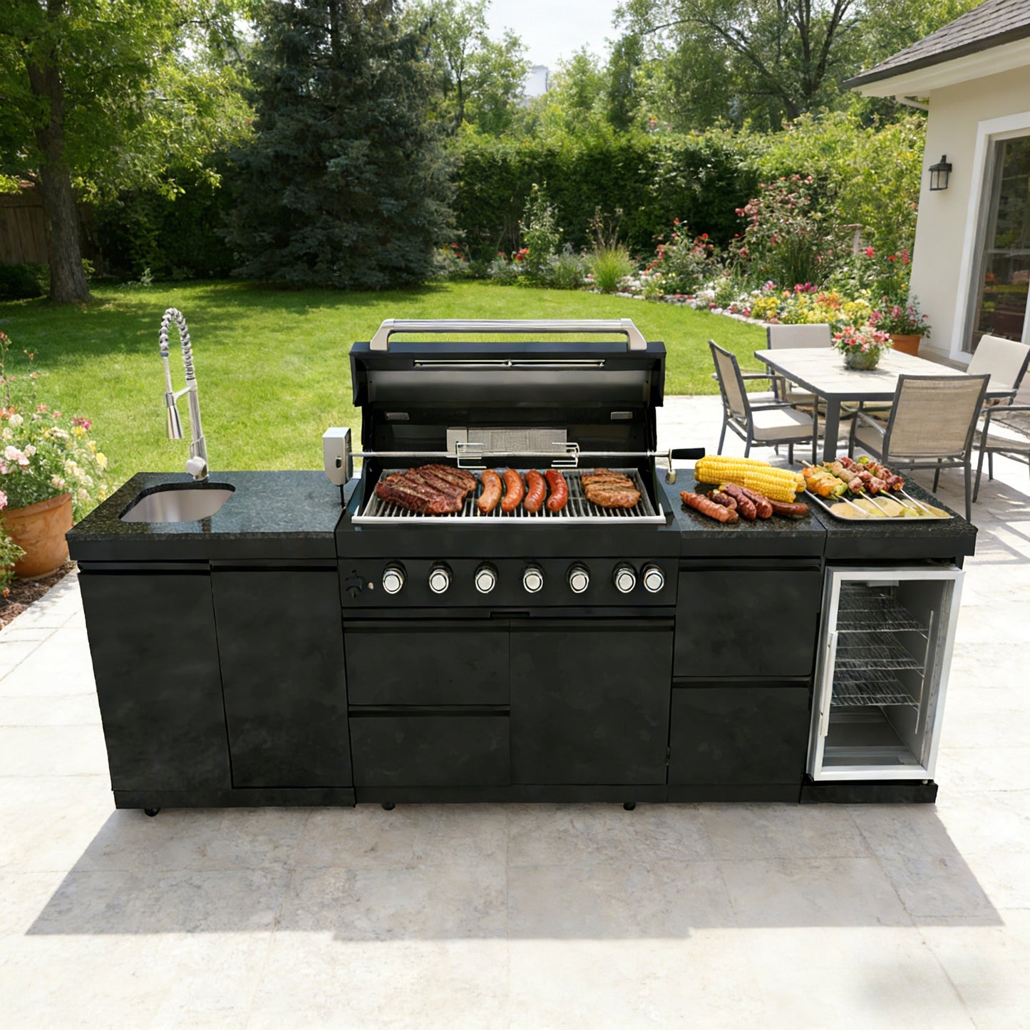 115" 6-Burner 85,000 Black Outdoor Kitchen Island Grill Rotisserie kit