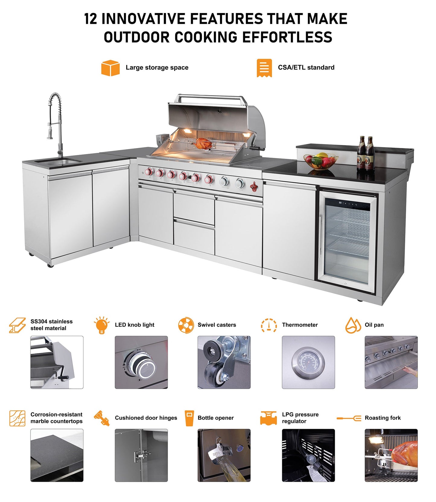 Outdoor Kitchen Island 82.5 Inch 6 Burner Propane Gas BBQ Grill