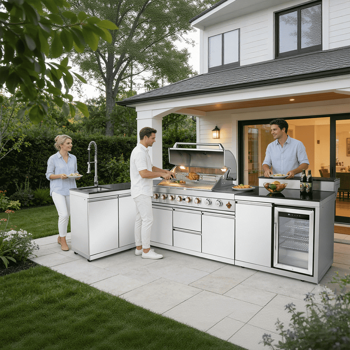 95.8"  6+1 Burner 95,500 BTU Outdoor Kitchen Island Grill Silver + Sink + Refrigerator + Bar Table