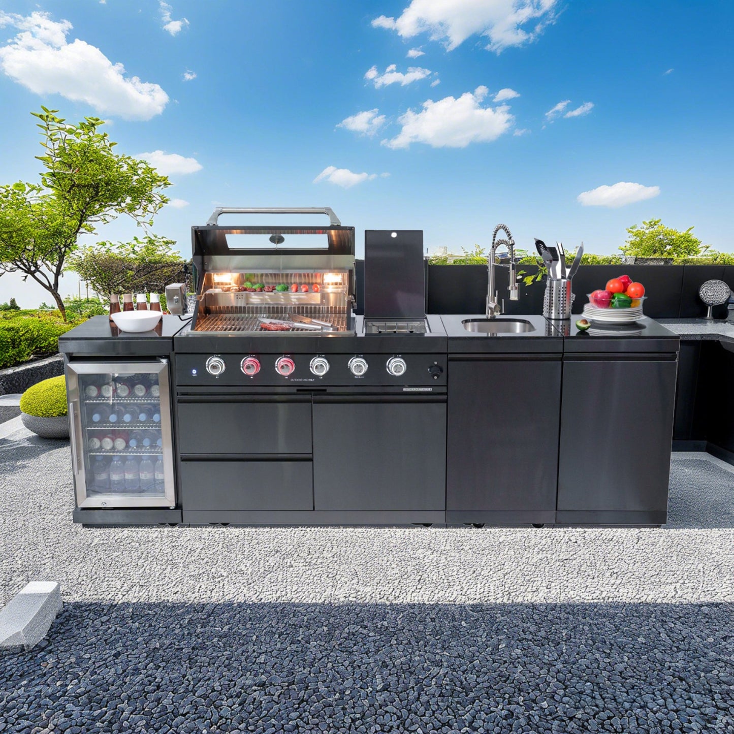 NG 104" 4-Burner 72,000 BTU Black Outdoor Kitchen Island Grill + Rotisserie Kit