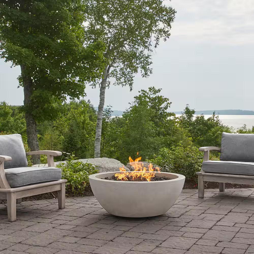 Pompton 38 In. round Concrete Composite Propane Fire Pit in Fog with Vinyl Cover